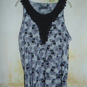 NUMPH Owl Print Crochet Neckline Blouse Black Gray Womens Sleeveless S/M